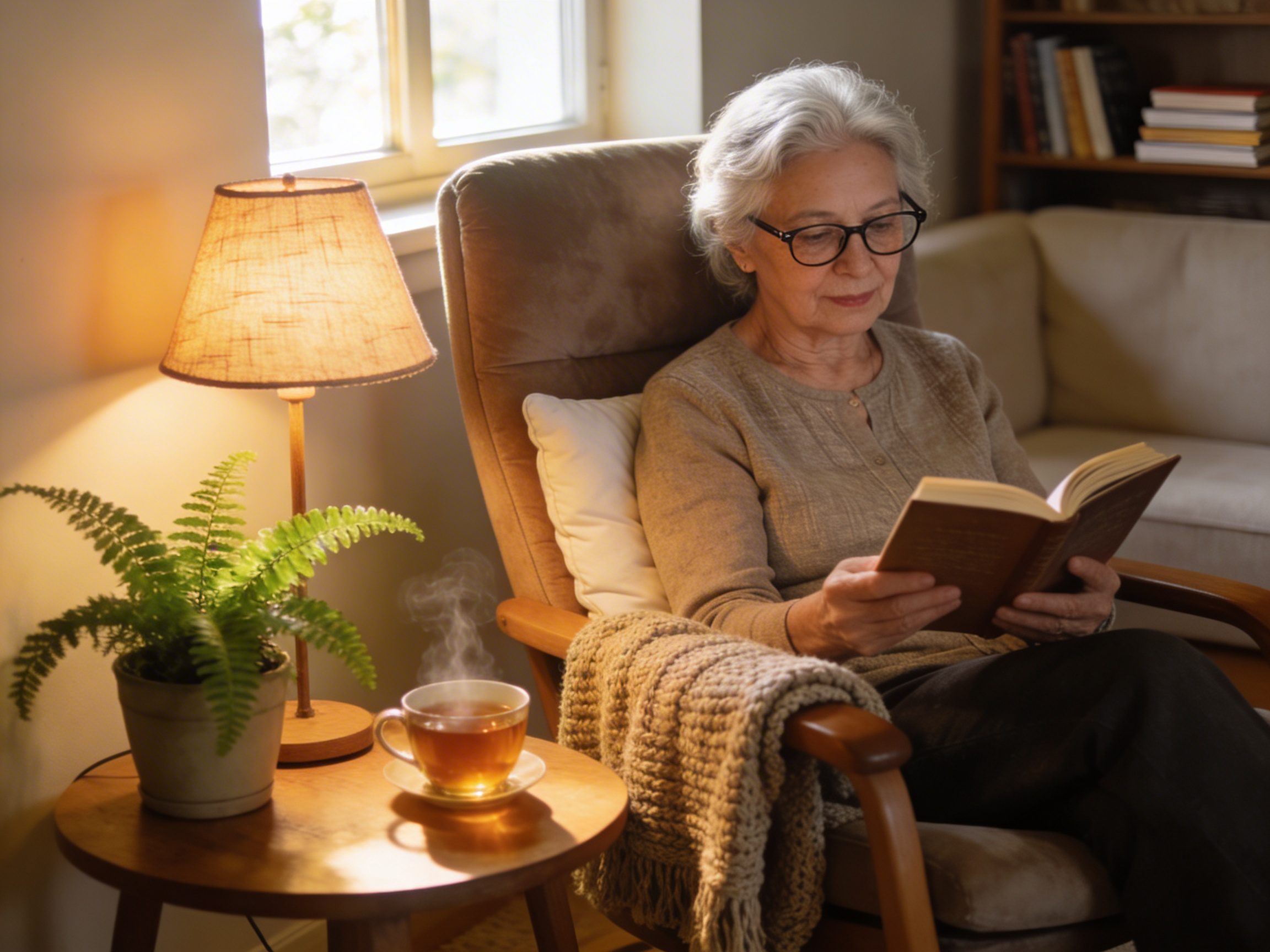 Senior relaxing comfortably on a chair reading