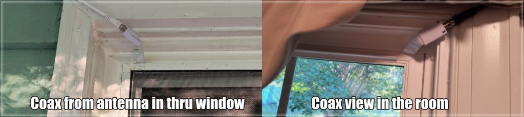 Flat coax cable running through window frame from outdoor antenna