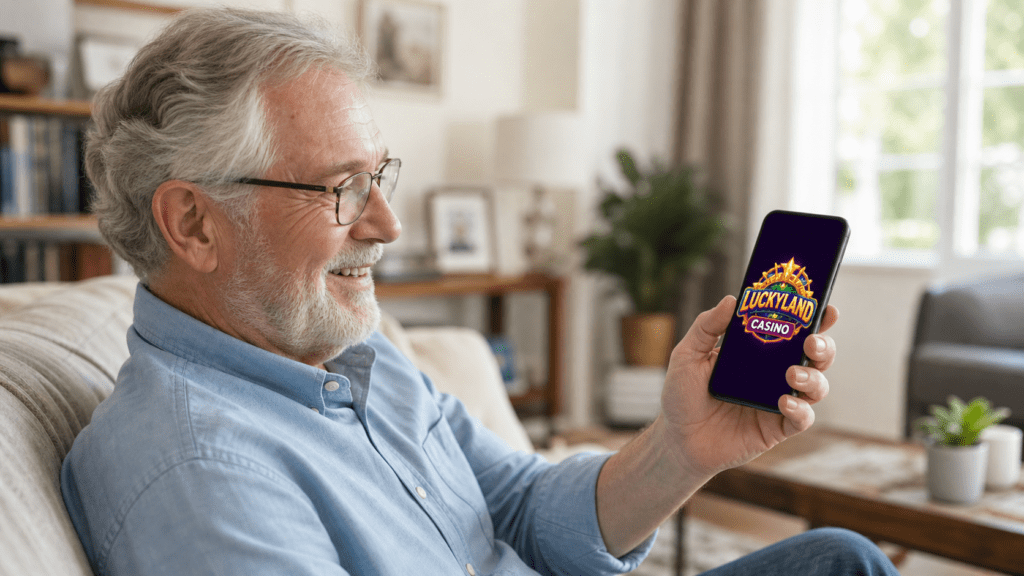Senior man smiling while playing Luckyland Casino on his smartphone at home