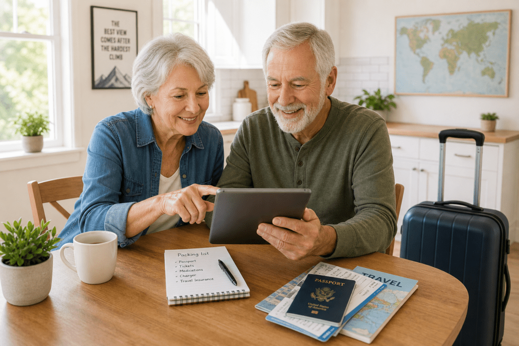 Older couple sitting at a kitchen table reviewing travel plans on a tablet with a small suitcase nearby.