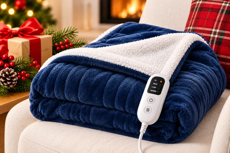 Cozy Christmas illustration of a heated throw blanket, a warm and comfortable gift for seniors