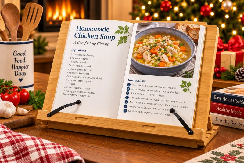 Festive kitchen illustration featuring a cookbook on a stand, a practical Christmas gift for seniors who enjoy cooking