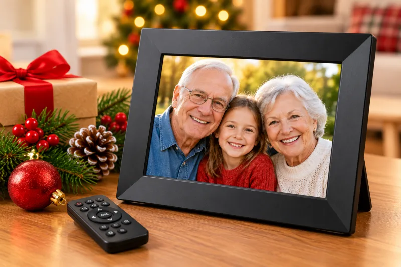 Festive illustration of a digital picture frame displaying a family portrait, a thoughtful Christmas gift for seniors