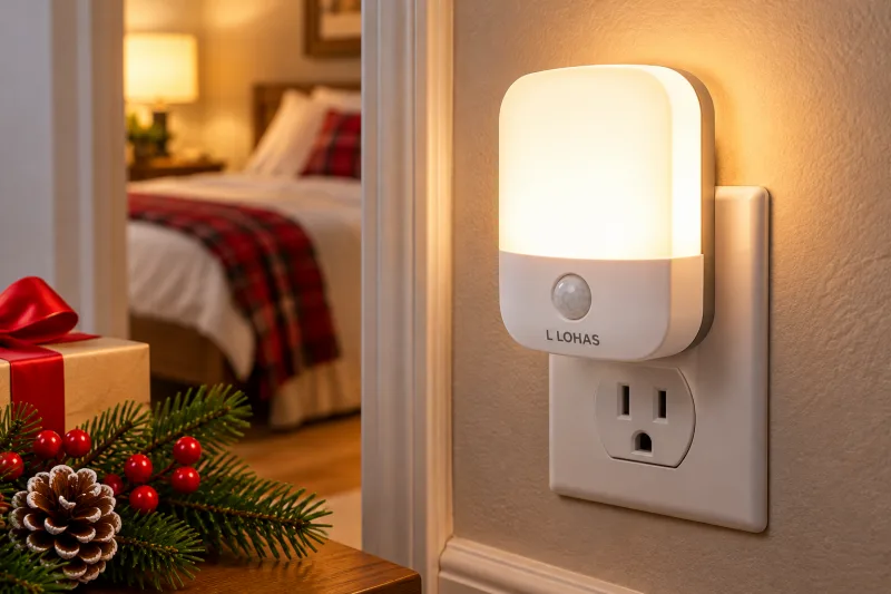 Festive illustration of a motion sensor night light illuminating a cozy home
