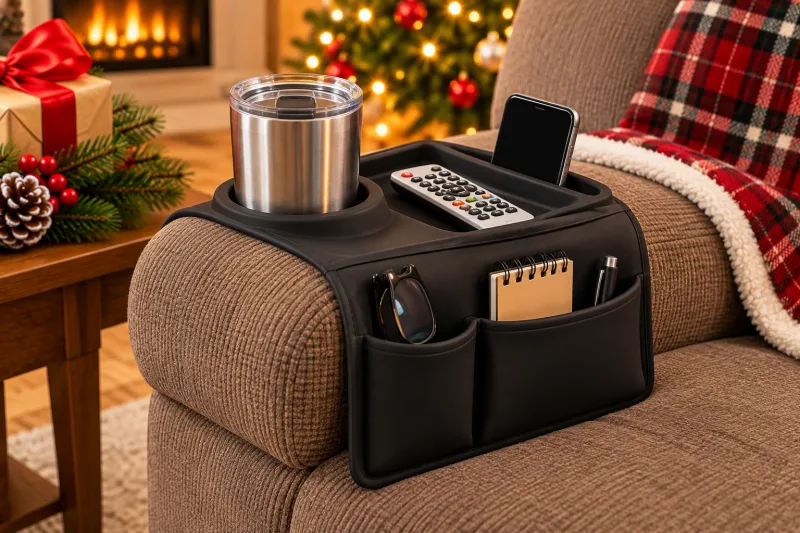 Christmas-themed illustration of a convenient sofa armrest organizer for seniors