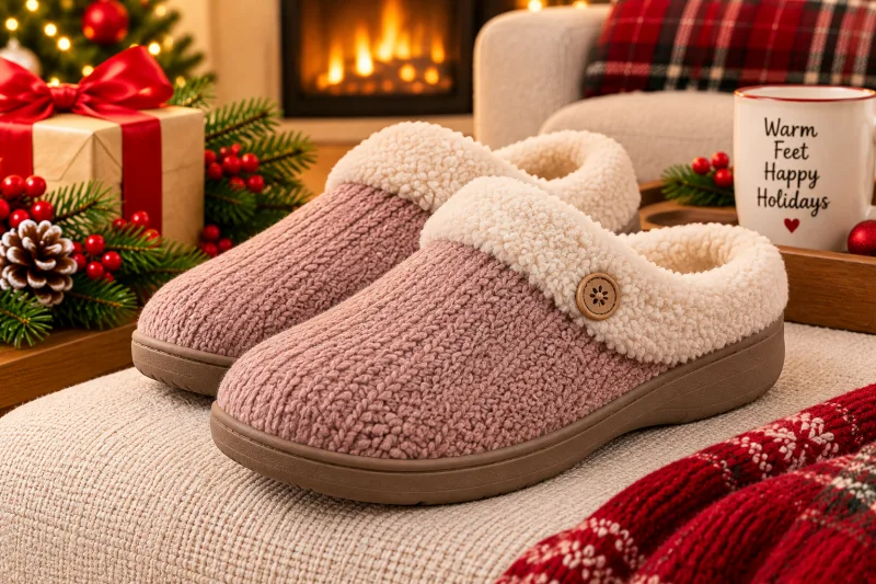 Cozy Christmas illustration of comfortable memory foam house slippers beside a fireplace