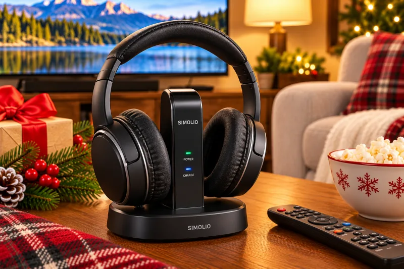 Festive illustration of wireless TV headphones with a charging base, a practical Christmas gift for seniors