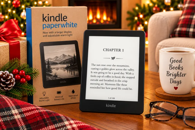 Cozy Christmas illustration of a Kindle e-reader, a thoughtful gift for seniors who enjoy reading