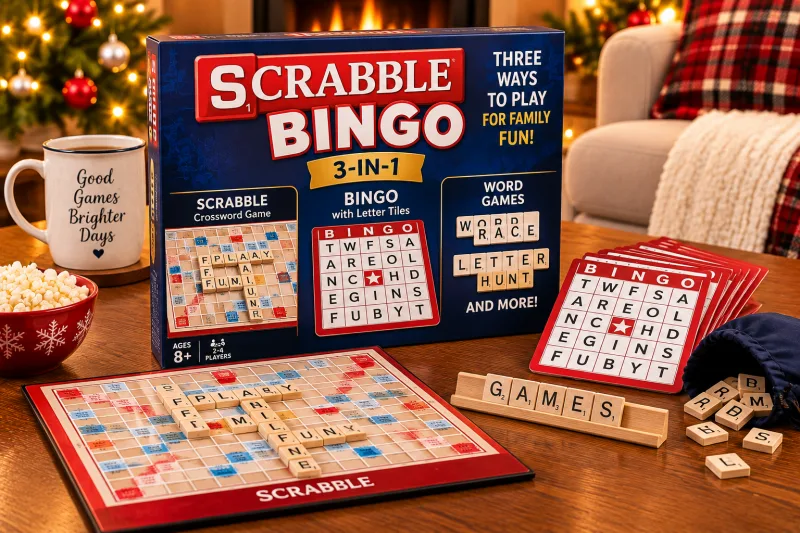 Festive illustration of a Scrabble Bingo word game, a fun Christmas gift for seniors and family game nights