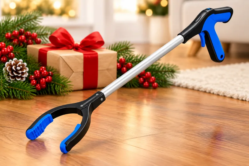 Festive illustration of a long-handled grabber reacher tool for seniors