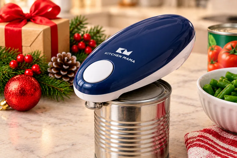 Festive illustration of a Kitchen Mama electric can opener, a practical Christmas gift for seniors