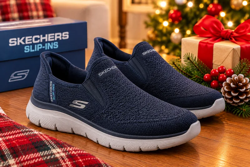 Festive illustration of Skechers slip-in shoes as a comfortable Christmas gift for seniors