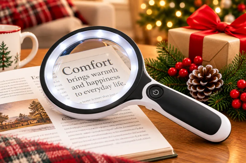 Christmas-themed illustration of a lighted magnifying glass for comfortable reading